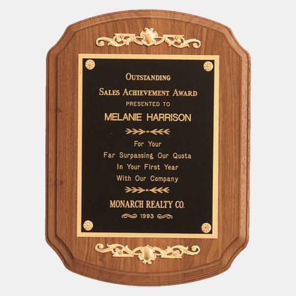 9" x 12" American Rounded, Scalloped Corner Plaque with Decorative Scrolls and a Border Laser Engravable Plate Thumbnail