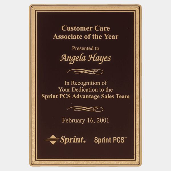 6 7/8" x 9 7/8" Laser Engravable Brass Plated Steel Plate with Florentine Border and Four Holes Thumbnail