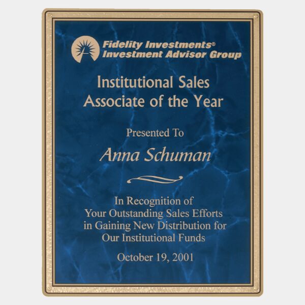 4 7/8" x 6 7/8" Sapphire Marble Brass Plated Steel Plate with Florentine Border and Four Holes Thumbnail