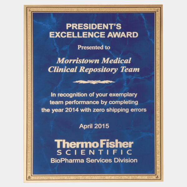 7" x 10" Sapphire Marble LaserFX Brass Plated Steel Plate with Florentine Border and Four Holes Thumbnail