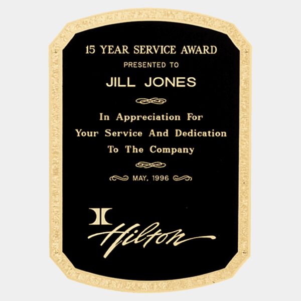 6" x 8 1/2" Brass Plated Steel Textured Clipped Corner Top and Bottom Radius Plate with Florentine Border Thumbnail