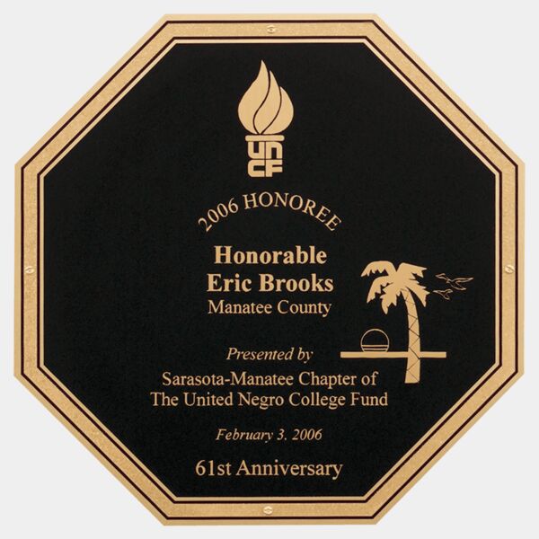 8 1/2" x 8 1/2" Laserable Brass Octagon Plate with Florentine Border and Four Holes Thumbnail