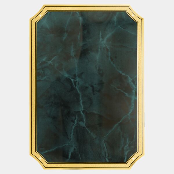 7" x 10" Emerald Marble Brass Plated Steel Plate with Four Holes, Notched Corners, and Florentine Design Border Thumbnail