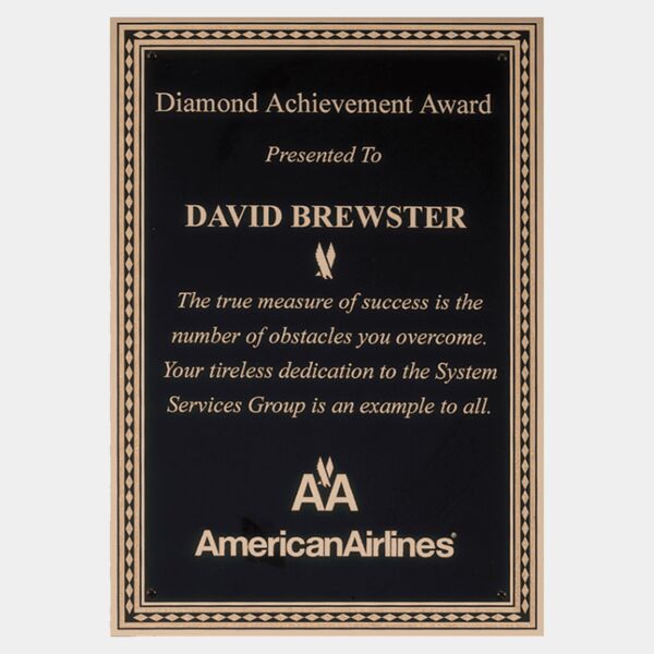 7" x 10" Laser Engravable Brass Plated Steel Plate with Diamond Florentine Border and Four Holes Thumbnail