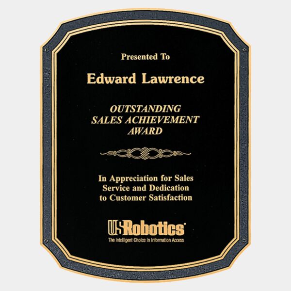 6" x 8 1/2" Brass Plated Steel Textured Notched Corner Plate with Rounded Top and Bottom, Florentine Border and Four Holes Thumbnail