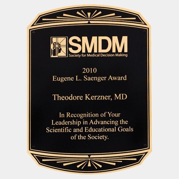 7 1/8" x 10 1/8" Laserable Brass Plated Steel Plate with Notched Corners and Rounded Top and Bottom with Starburst Design Thumbnail