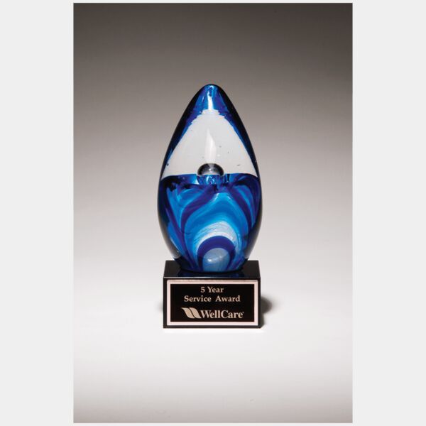 6 1/2" Egg Shaped Art Glass on Glass Base with Laserable Aluminum Plate Thumbnail